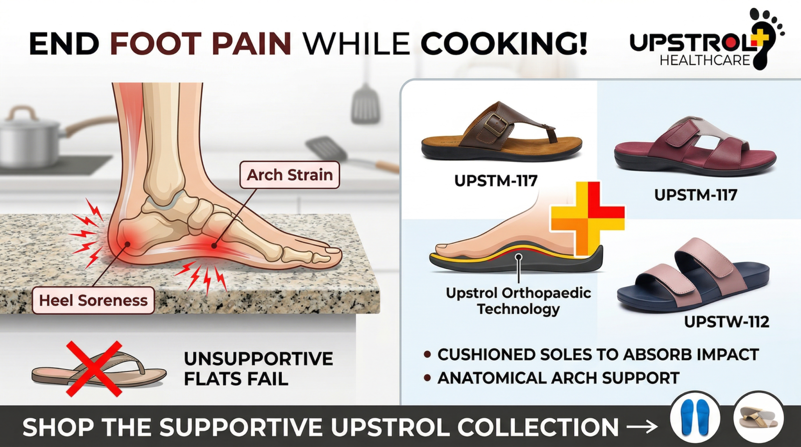 Orthopaedic slippers reducing foot pain while cooking on hard floor