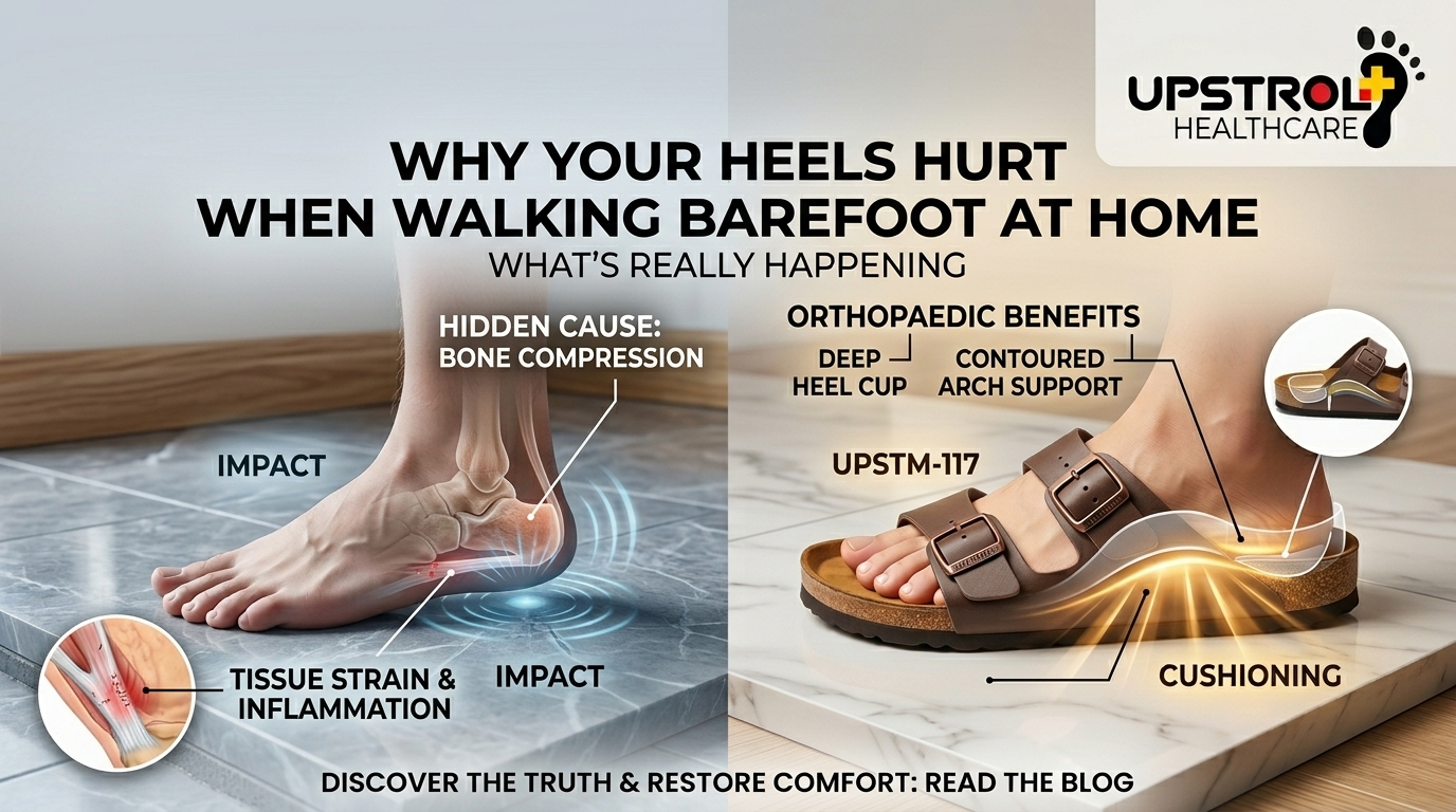 Orthopaedic slippers reducing heel pain from walking barefoot at home
