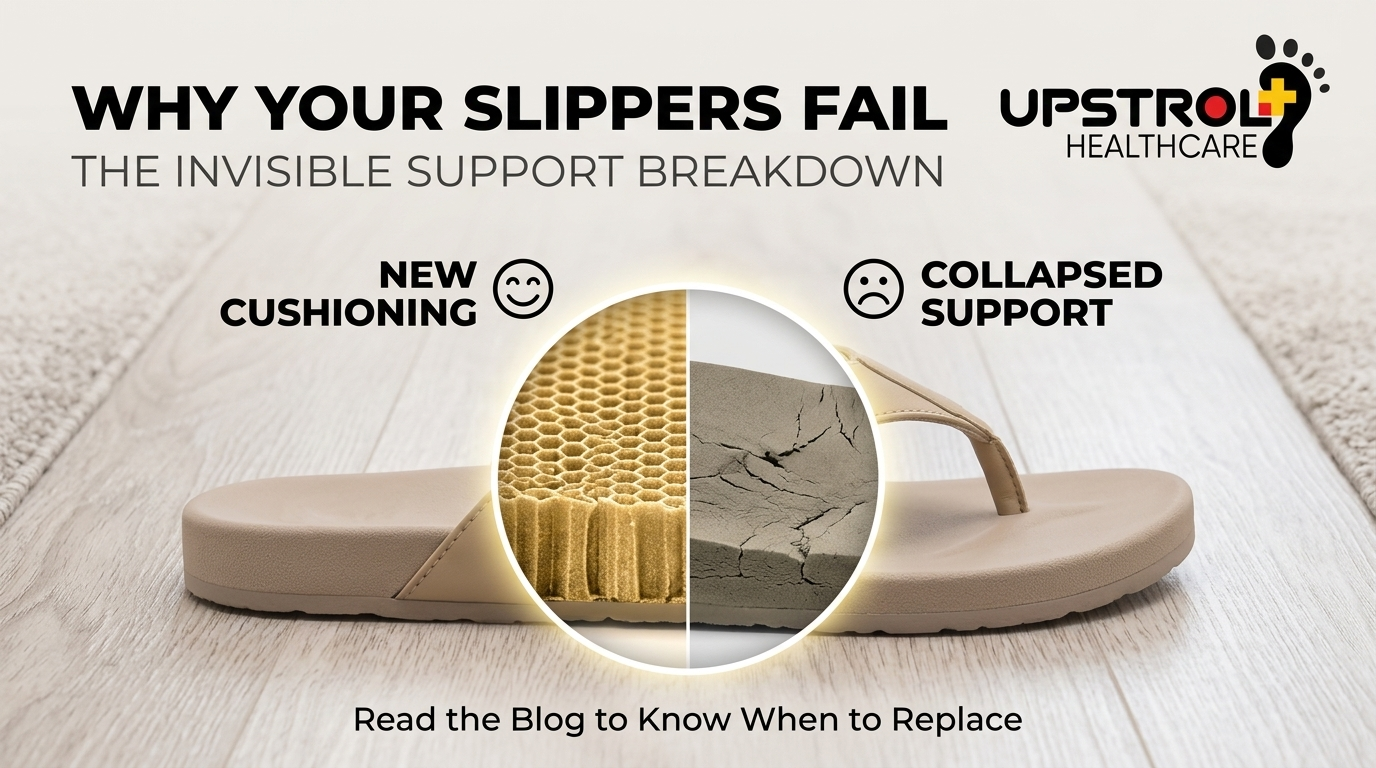 Worn-out slippers showing flattened sole and reduced cushioning after months of use
