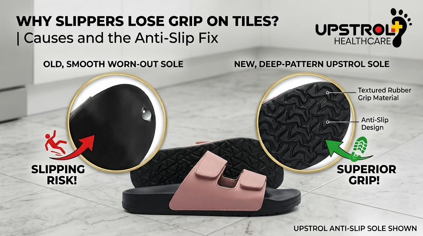 Slippers slipping on tile floor showing worn-out sole with reduced grip