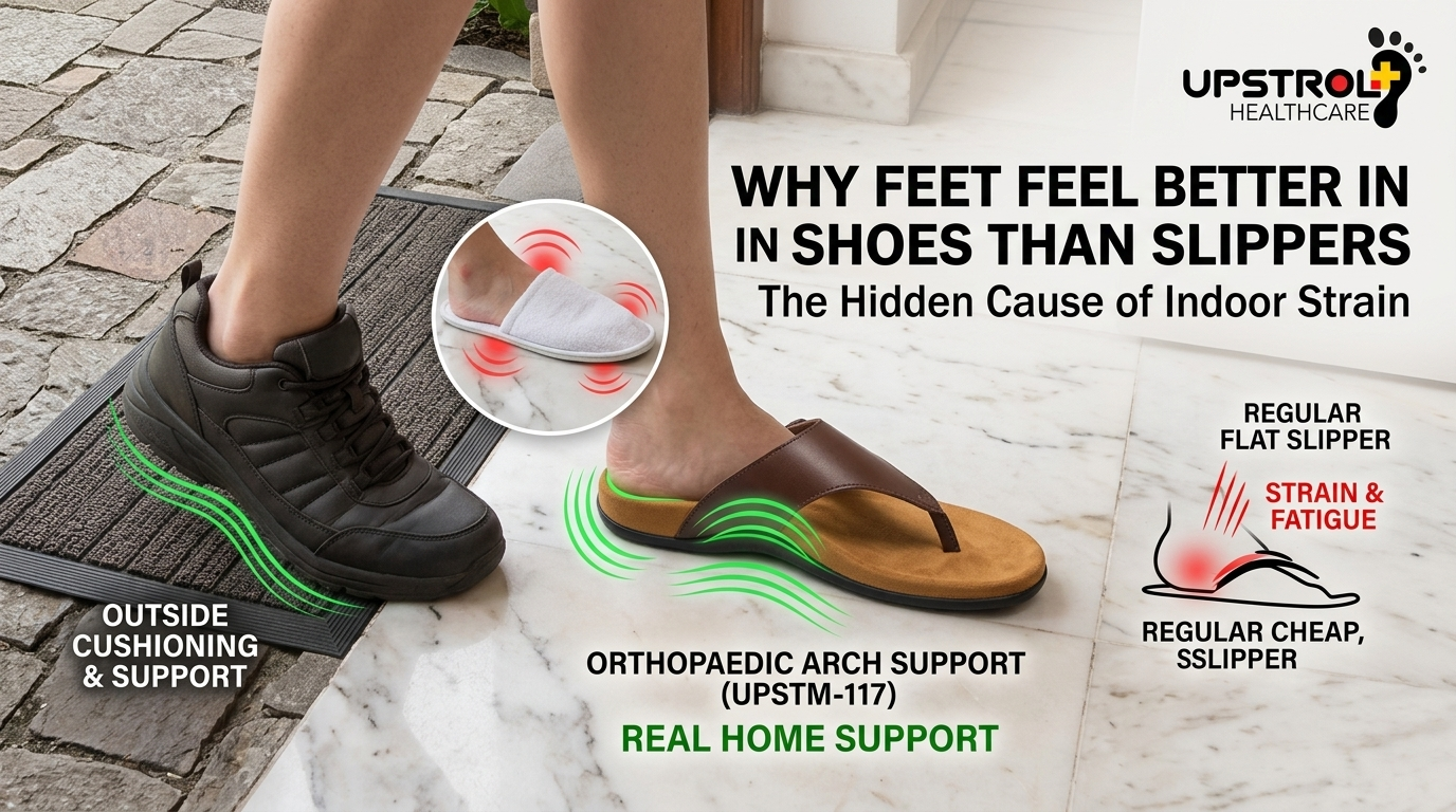 Orthopaedic slippers providing better support than flat slippers at home