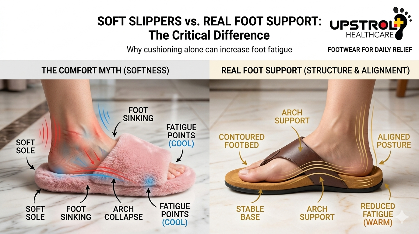 Orthopaedic slippers showing the difference between softness and real foot support