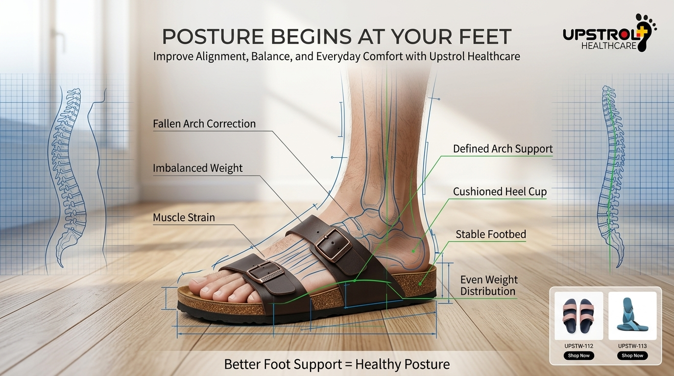 Structured support slippers improving posture and body alignment at home