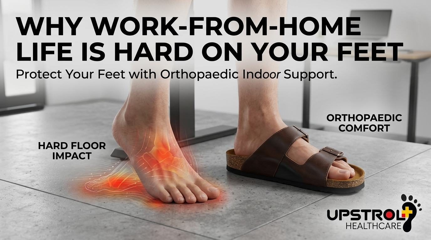 Remote worker wearing supportive orthopaedic slippers while working from home