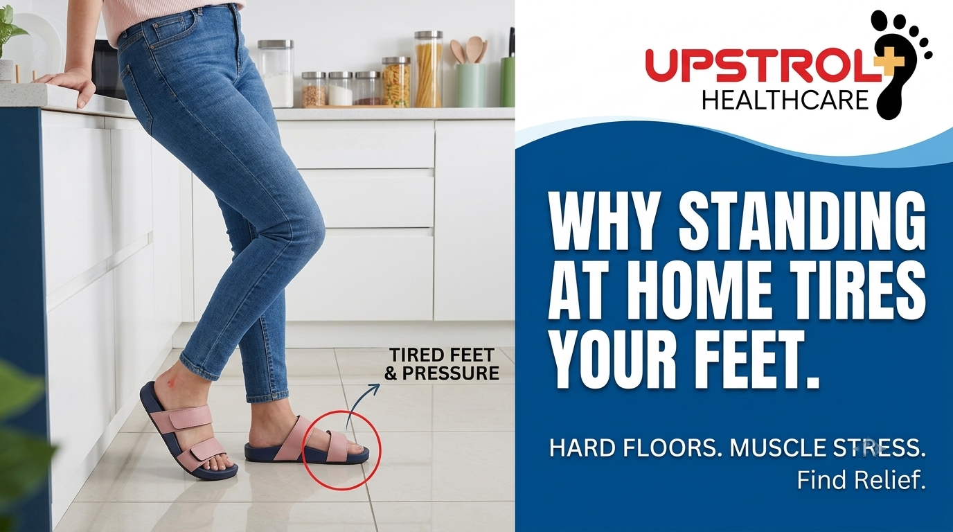 Person wearing supportive orthopaedic slippers while standing comfortably in the kitchen