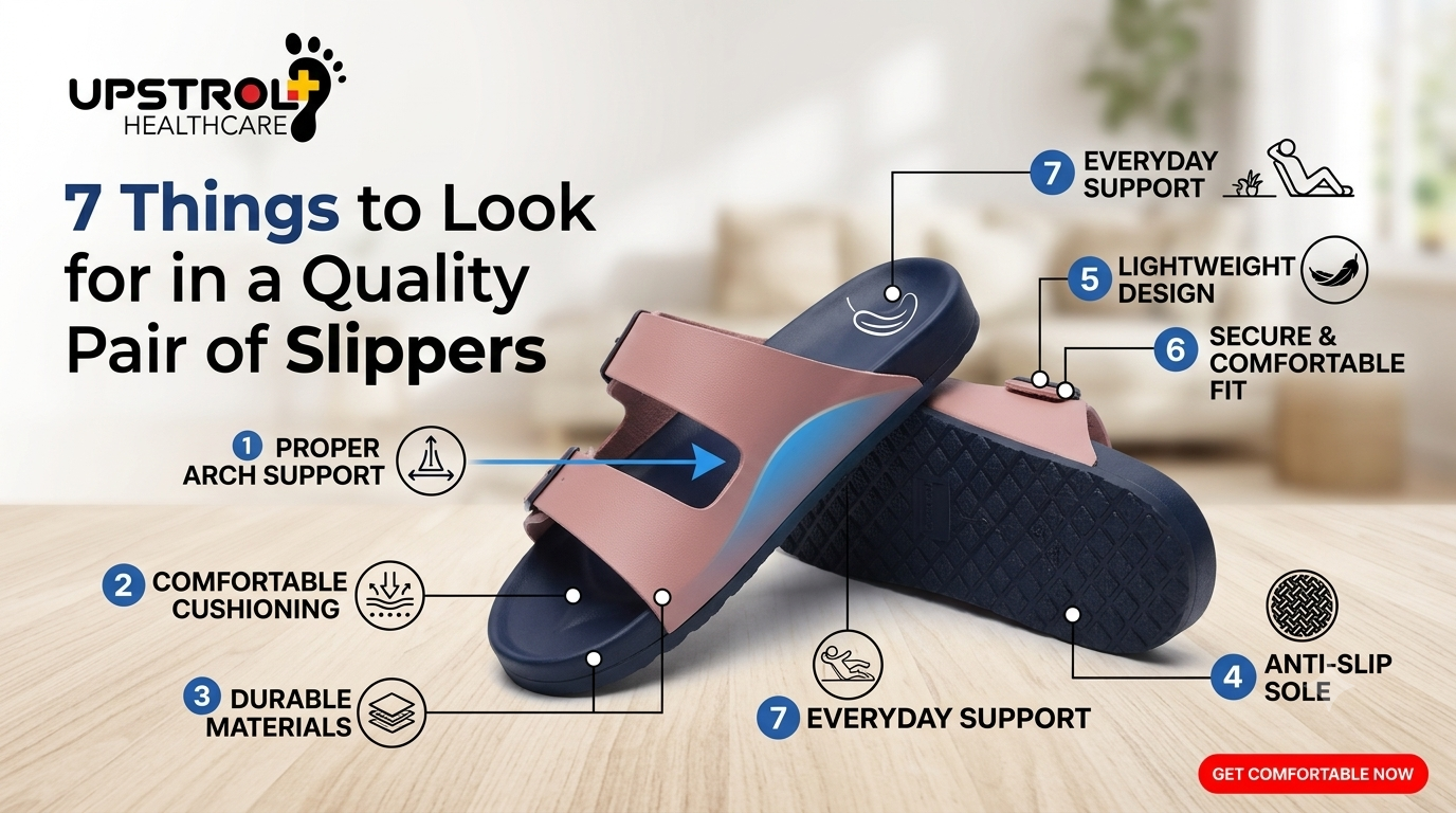 Quality slippers with arch support, cushioned sole, anti-slip grip, and durable construction