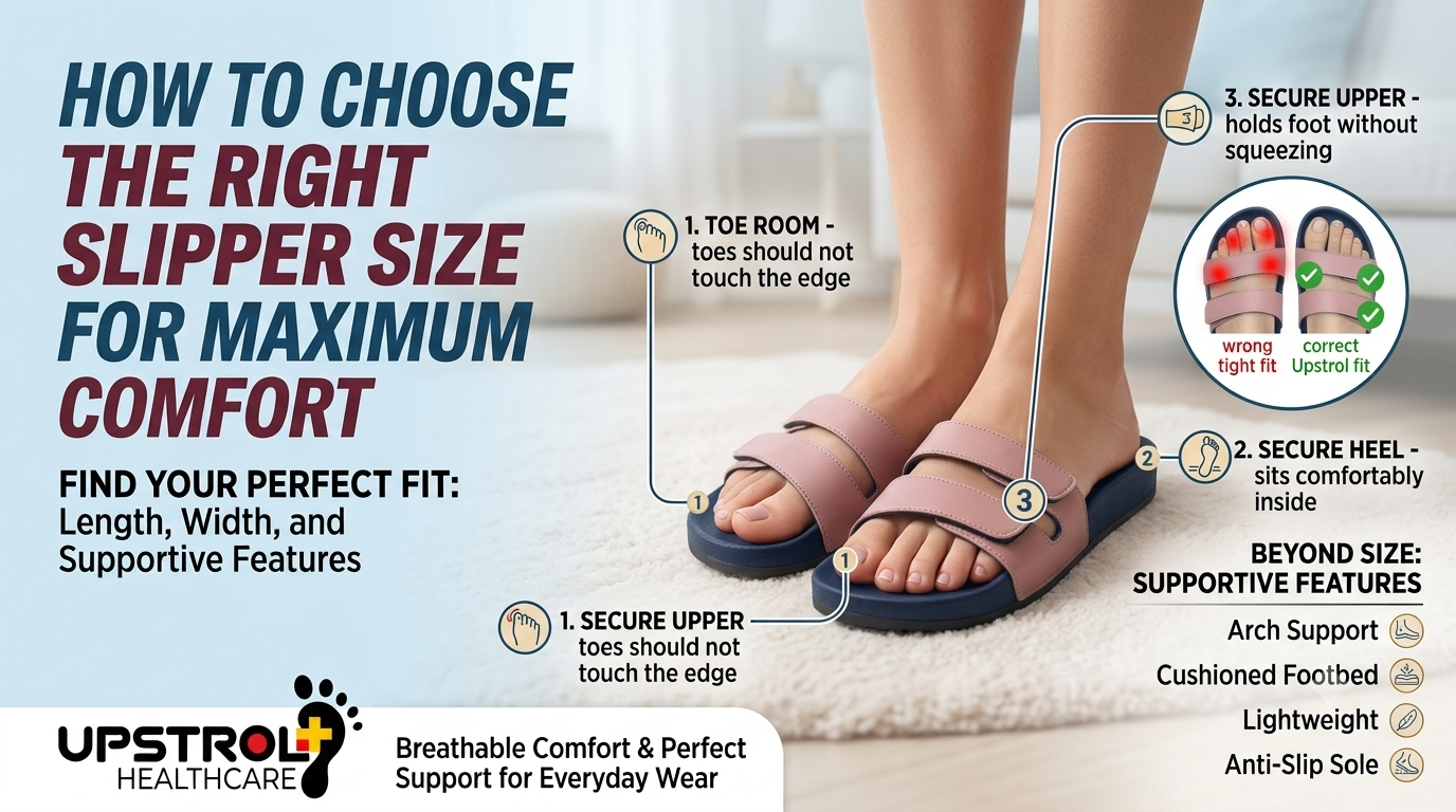 Person checking the correct fit of open-toe orthopaedic slippers at home