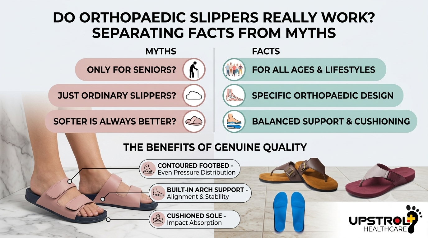 Open-toe orthopaedic slippers showcasing supportive footbed, arch support, and breathable design