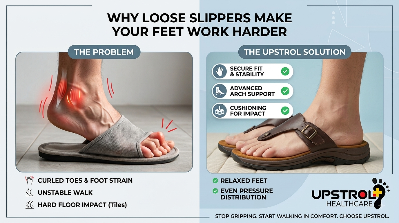 Person wearing supportive orthopaedic slippers with a secure fit at home