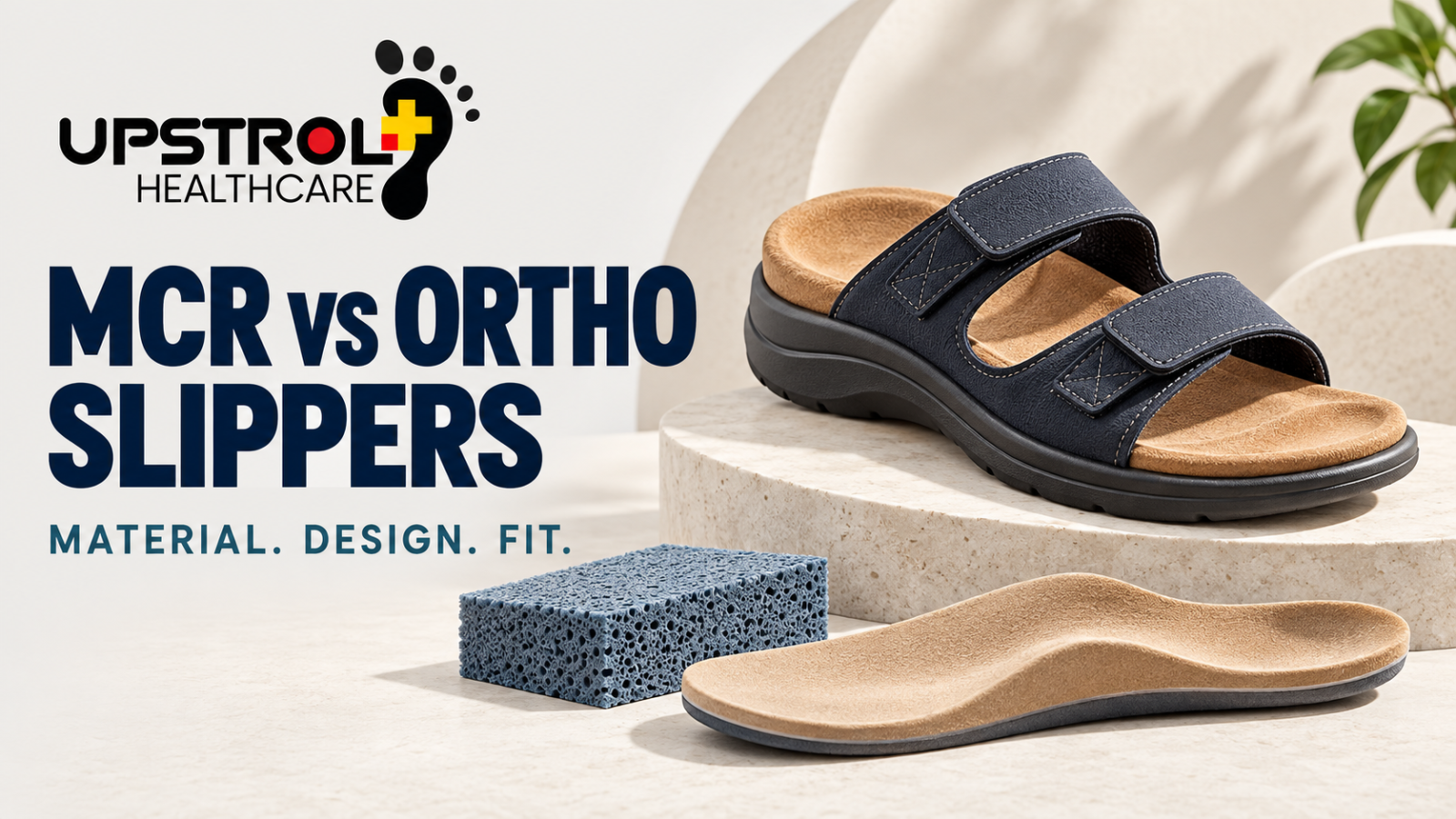 MCR versus orthopaedic slippers guide with the Upstrol logo, an adjustable sandal, a contoured footbed and a material sample.