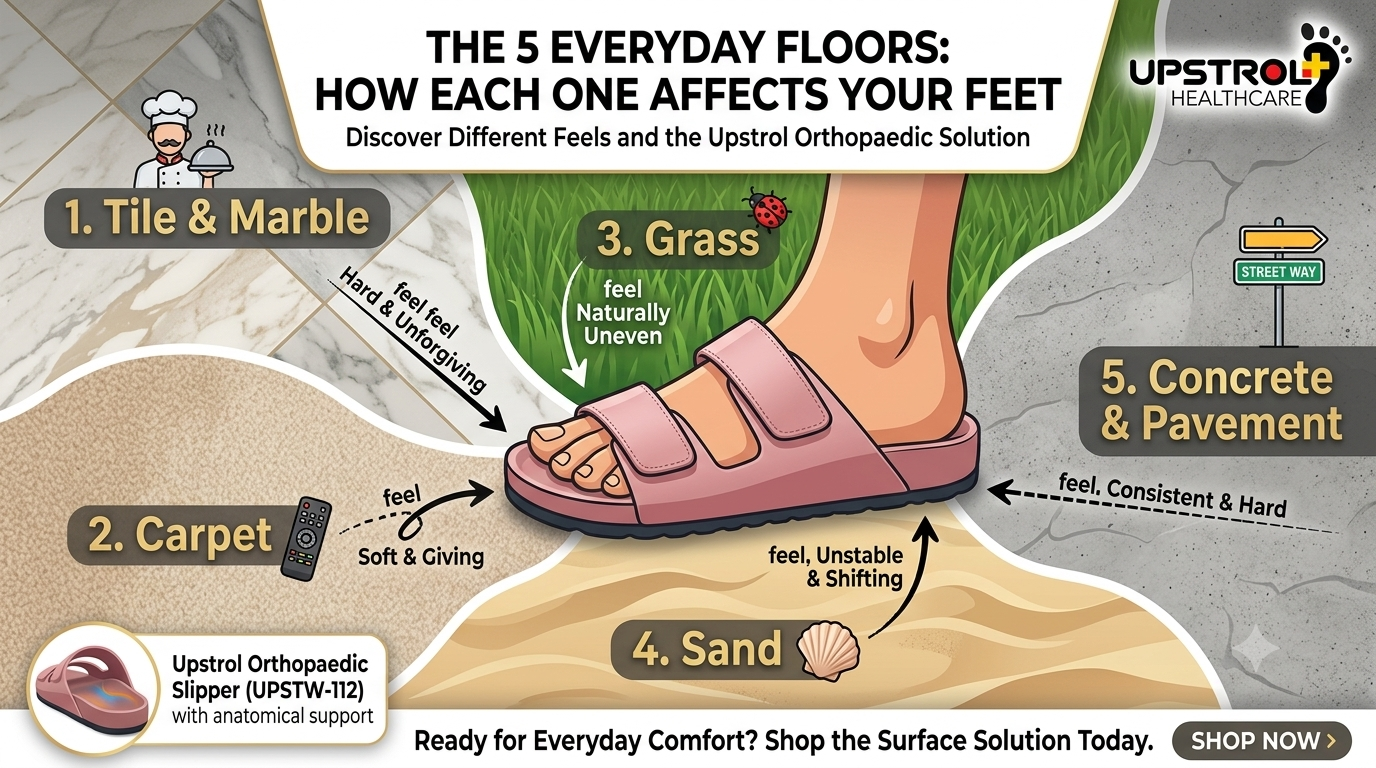 Different walking surfaces including tile, carpet, grass, sand, and concrete and their effect on foot comfort