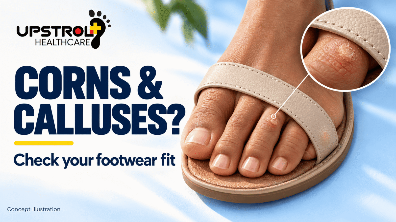 Upstrol illustration showing a corn near a sandal strap, with a magnified view highlighting footwear rubbing and fit.